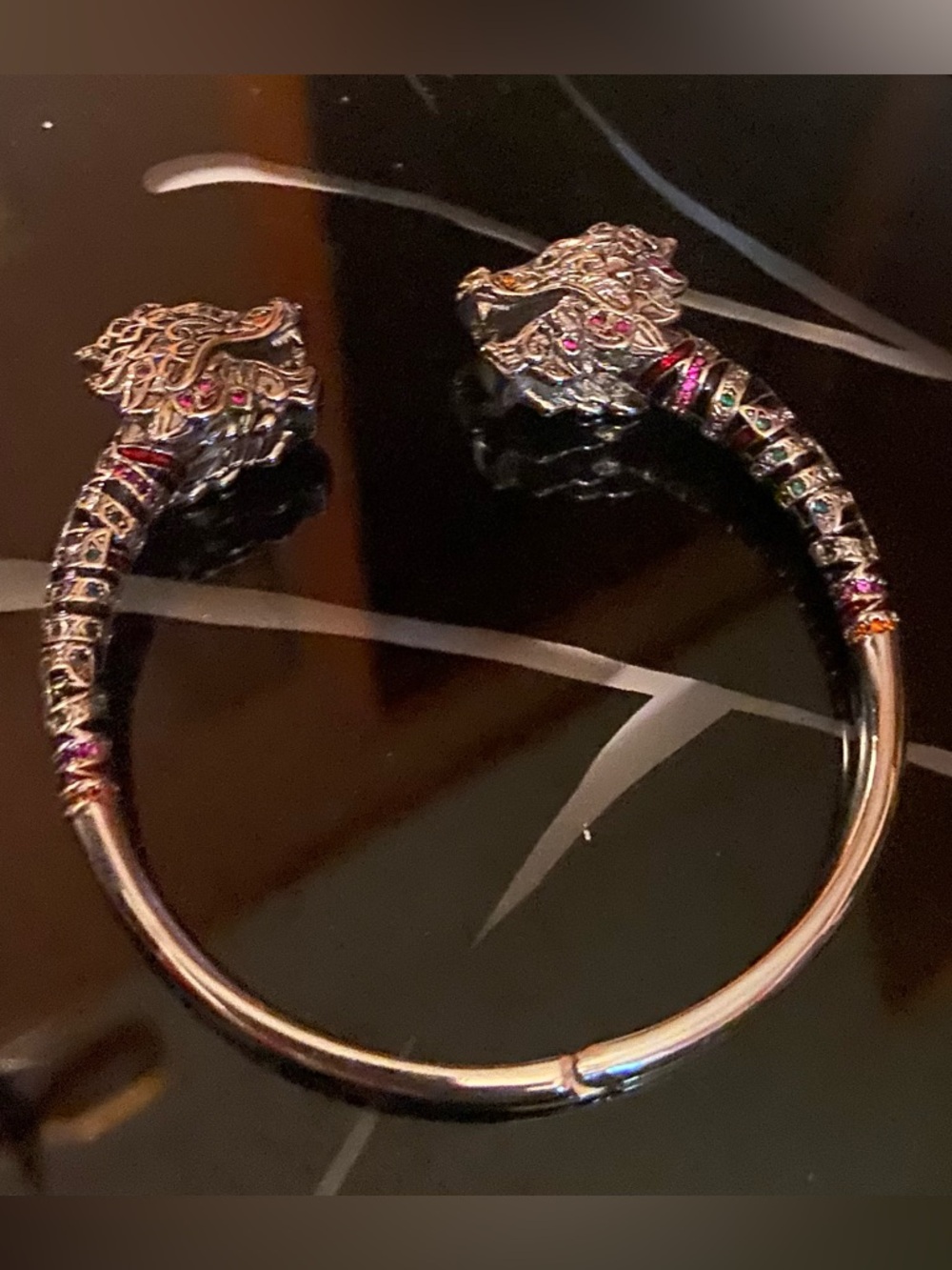 925 Dragon Head Cuff Bracelet with Red and Green Accents